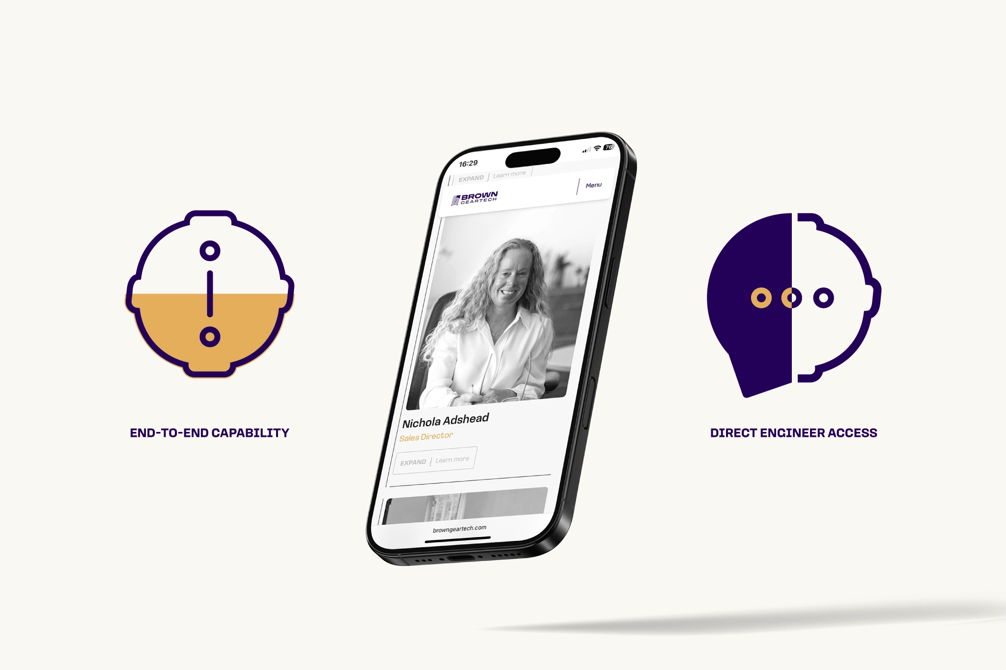 A responsive website design for Brown GearTech shown on a mobile phone, with two accompanying graphics